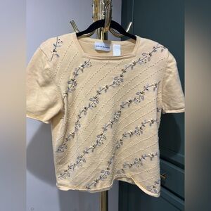 Alfred Dunner Butter Yellow  Knit Top with Floral Beaded Embroidery